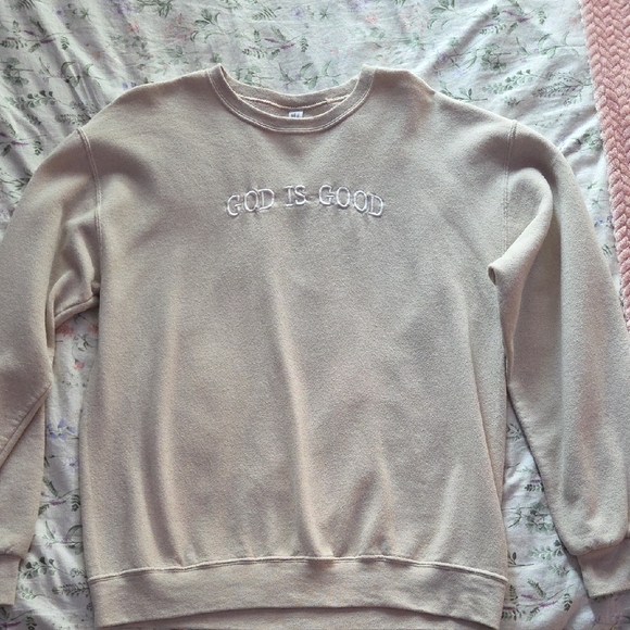 Women's Beige " God is Good" Embroidered Crew Neck - Picture 1 of 4